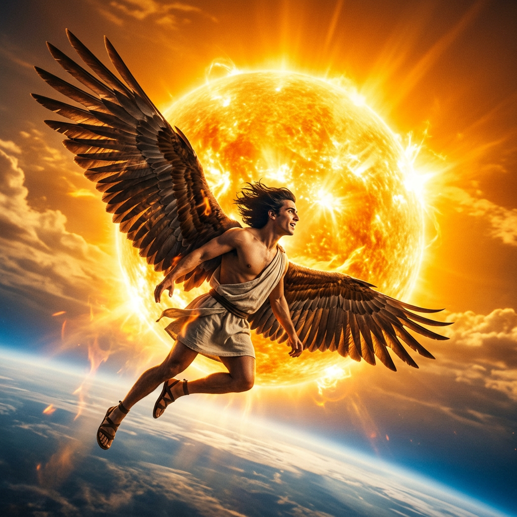 A winged man flying in space close to the sun and Earth