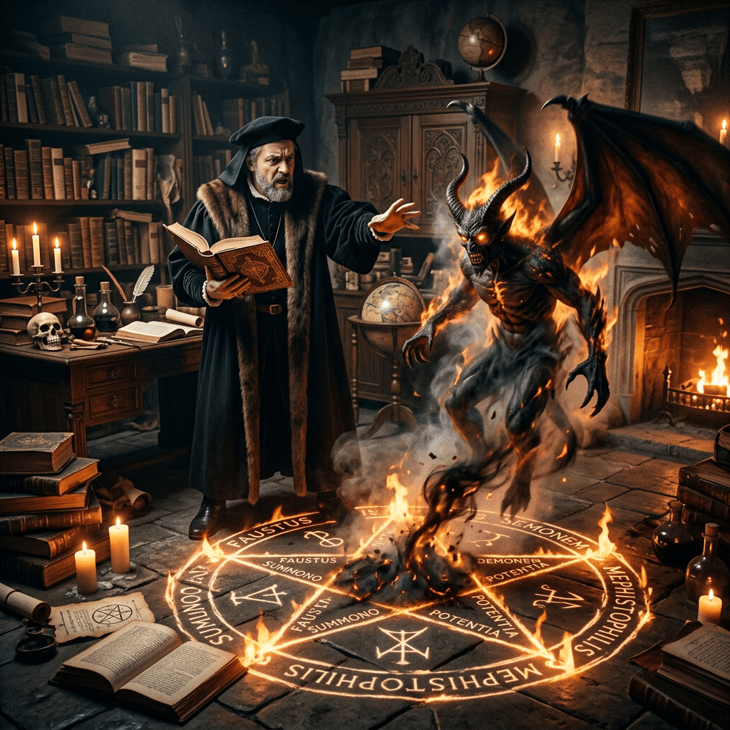 Medieval sorcerer summoning a fiery demon inside a magical circle in a candle-lit study